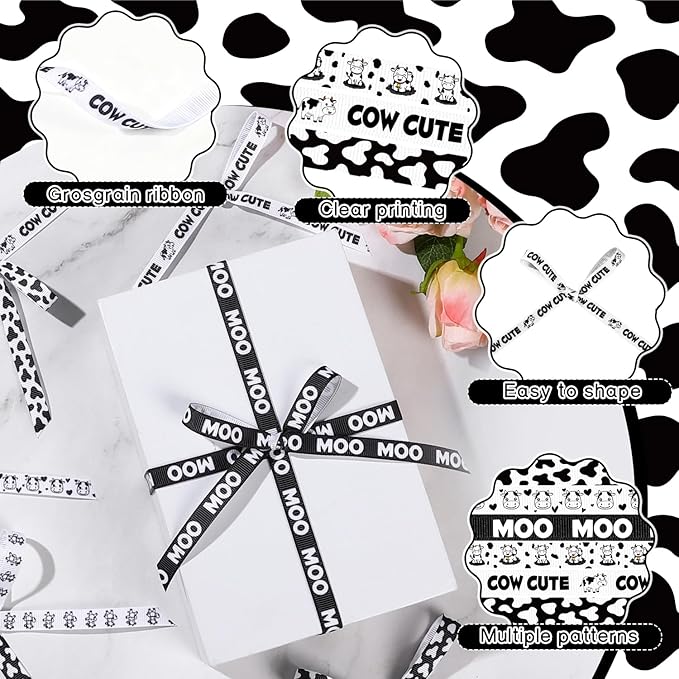 6 Roll Cow Print Ribbons, 3/8 Inch x 30 Yard Black White Cow Spot Ribbon, Gift Wrap Grosgrain Ribbons, Animal Print Craft Ribbon for Farm Party Favor Christmas Wreath Bow DIY Craft Decor