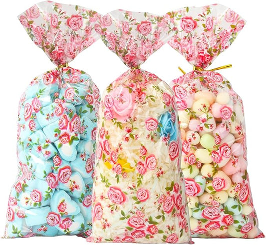 LEOSINDA 100 Pcs Floral Cellophane Bags, 5 X 11 Inches Valentine's Day Gift Bag, for Mothers Day Gift Wrapping, Wedding Bridal Shower Supplies Favors Decorations Birthday Theme Floral Graduation Decor (with 100 Ties)