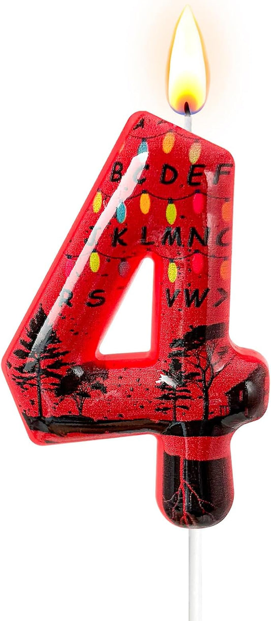 Red Number 4 Birthday Candle for Cake – Dark Horror Style with Alphabet Print & Shadow Design – Unique Cake Topper for Birthday, Anniversary, Themed Party Decoration