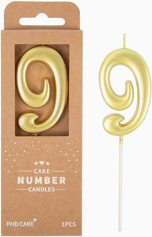 PHD CAKE 2.76 Inch Elegant Gold 9 Number Birthday Candles, Gold Number Candles, Cake Number Candles, Party Celebration