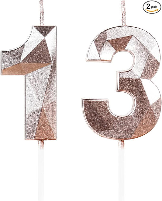 13th Birthday Candles,Number 13 Candles,Rose Gold Happy Birthday Candle for Cake,3D Design Cake Topper Decorations for Boy Girl Women Men Pet Birthday Party Wedding Anniversary Celebration Supplies