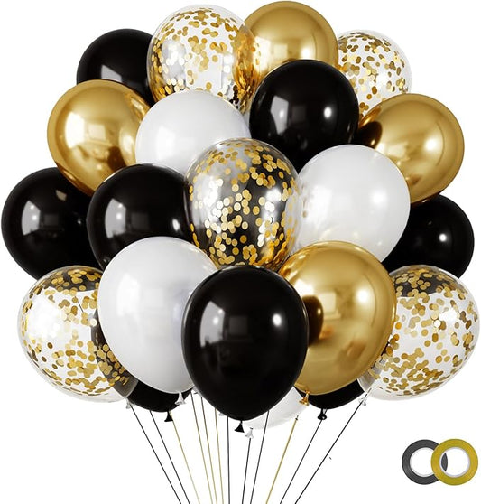 RUBFAC Black and Gold Balloons, 2026 Graduation Party Decorations Balloons 65pcs 12 Inches Black Gold White Confetti Party Balloon for Birthday Decorations