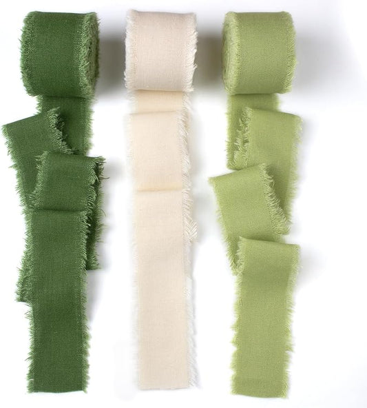 Green & Ivory Cotton Linen Ribbon 1-1/2 Inch x 21Yds Boho Vintage Rustic Ribbon Handmade Fringe Frayed Cloth Fabric Ribbon for Gift Wrapping Wedding Invitations Bridal Bouquets DIY Crafts