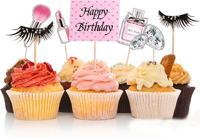 Ercadio 28Pcs Makeup Birthday Cupcake Toppers Diamond Lipstick Cupcake Picks Eyelash Food Picks for Makeup Girl Pink Birthday Cupcake Decorations Bridal Shower Cosmetics Bachelorette Party Supplies