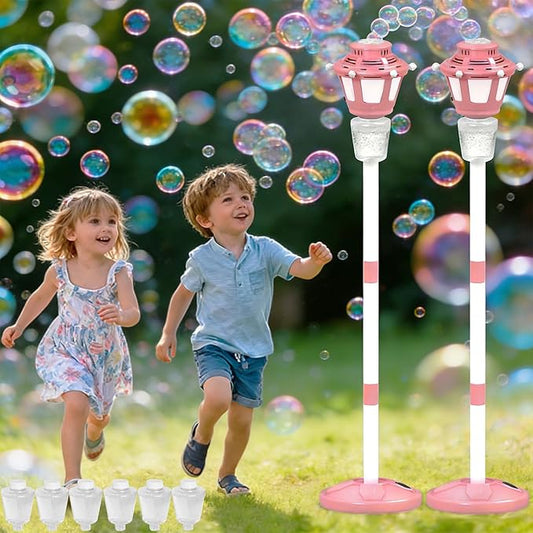 2 Pack Bubble Machine for Kids, Automatic Bubble Blower with Light & Rechargeable Battery, 40 Inch Adjustable Height Outdoor Toys for Party, Toddlers, Sibling Gifts (Includes 6 Solution), Pink