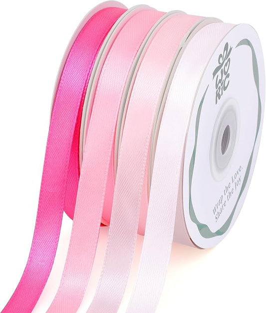 woric 120 Yards Pink Satin Ribbon 3/8 Inch x 4 Rolls, 30 Yd/Roll Mothers Day Craft Thin Ribbon for Graduation Leis Gift Wrapping Hair Bows Baby Bridal Shower Wedding Decor