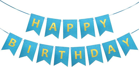 Clabby Glitter Blue Happy Birthday Banner with Shiny Letters Happy Birthday Shiny Glitter Hanging Signs Bunting for Party Supplies Hanging Backdrop Decoration