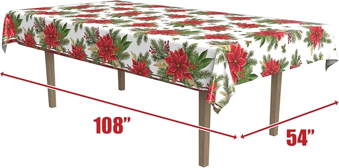 Beistle Poinsettia Tablecovers, 54” x 108”, 2 Pieces – Plastic Table Cloth, Rectangular Tablecloth, Table Covers for Party, Holiday Party Supplies, Christmas Decorations