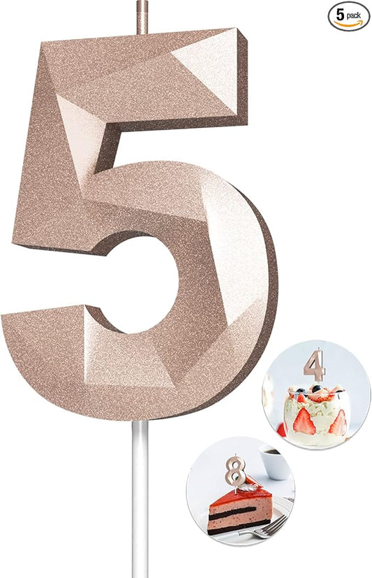 Number Birthday Candles(5 Candle Rose Gold) 3D Diamond Shape Number Happy Birthday Cake Candles for Birthday Party Wedding Decoration Reunions Theme Party