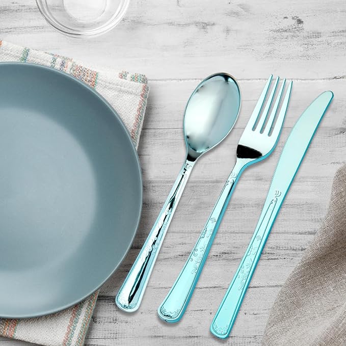180 Pack Disposable Light Blue Plastic Silverware Contain 60 Forks,60 Spoons,60 Knives, Solid and Durable Plastic Cutlery Utensils Set Perfect for Parties,weddings.