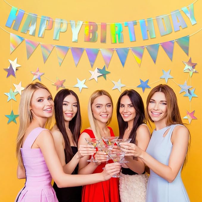 Iridescent Happy Birthday Banner Iridescent Birthday Decoration Shiny Holographic Birthday Banner Rainbow Holographic Pennant Flag 6.56FT Star Bunting Garland Iridescent Party Supplies for Girls Women