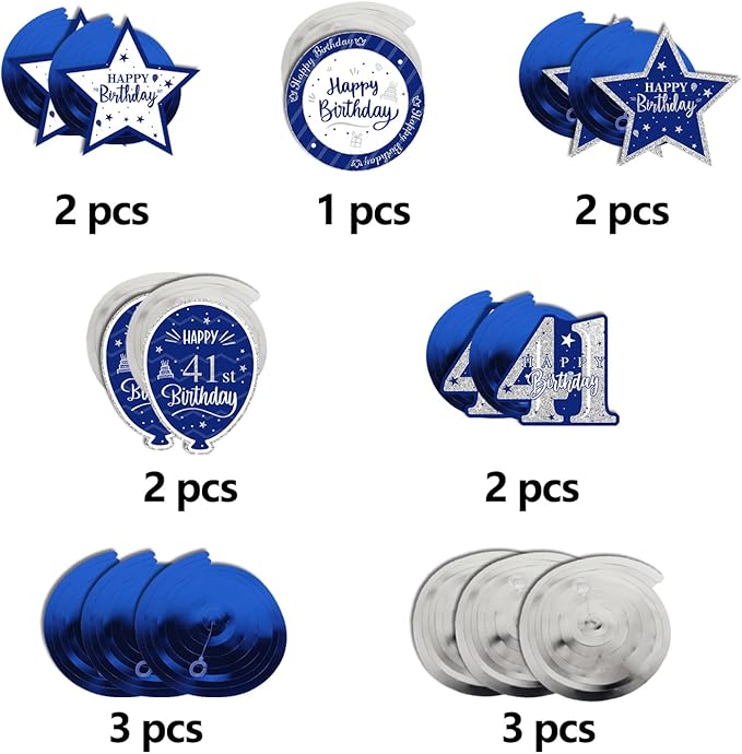 Happy 41st Birthday Blue & Silver Glitter Swirls Streamers Party Decorations - 15 Pcs 41st Birthday Hanging Swirls Streamers Kit,Perfect for 41st Bday Party Sign.