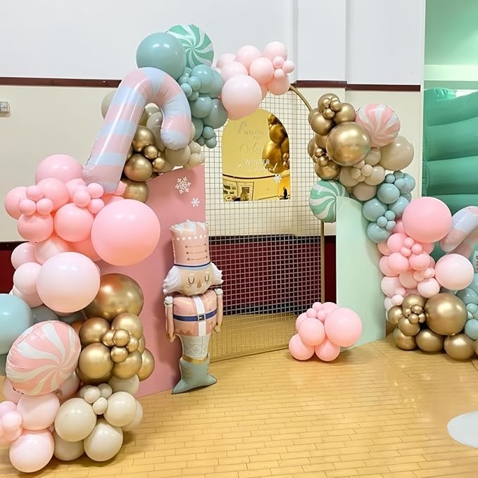 Nutcracker Christmas Balloon Garland Arch Kit, 112Pcs Green Pink and White Gold Latex Balloons with Candy Cane Mylar Foil Christmas Balloon for Girls Xmas Birthday New Year Candyland Party Decorations