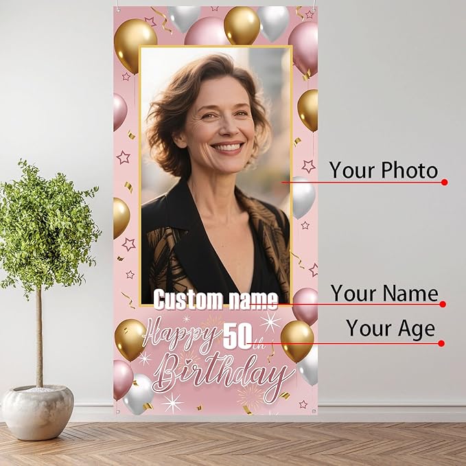 Dicodes Personalized Happy Birthday Door Banner Custom Photo Birthday Photography Background Decorations Party Supplies for Women Men (Rose Pink)