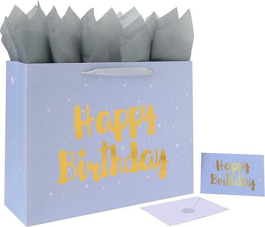 Qirrmiy 16.5” Extra Large Gray Happy Birthday Gift Bag Set with Handles, Greeting Card, Tissue Papers and Stickers for Men Boys Women Girls Kids, Stars Design, 1 Pcs.