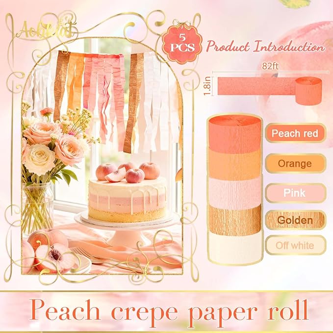 AOBKIAT Streamers Party Decorations,5 Rolls Pastel Pink Gold Orange Crepe Paper Streamers for Little Cutie Baby Shower,Brithday,Wedding,Peach Theme Party,DIY Tassel,1.8 Inch x 82 Ft/Roll