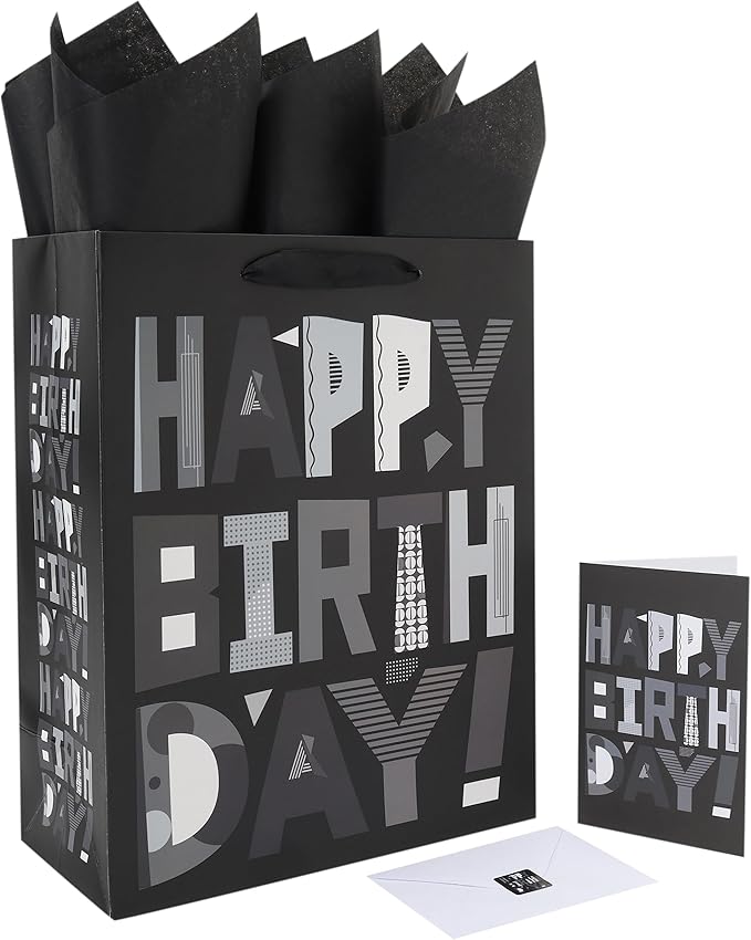 wishinside 13” Large Black Happy Birthday Gift Bag Set with Handles, Greeting Card, Tissue Papers and Stickers for Men Boys Kids Teens, Cartoon Design, 1 Pcs