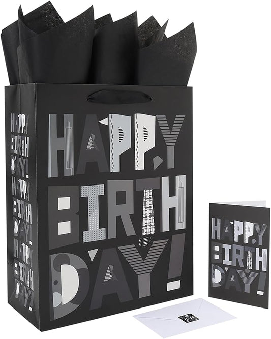 wishinside 13” Large Black Happy Birthday Gift Bag Set with Handles, Greeting Card, Tissue Papers and Stickers for Men Boys Kids Teens, Cartoon Design, 1 Pcs