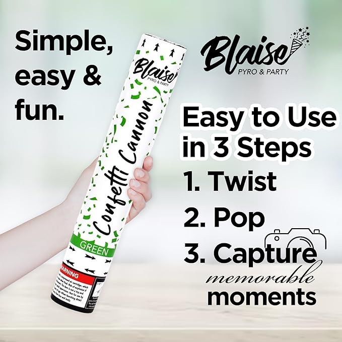 Blaise Pyro & Party Green Confetti Poppers - Easy to Use Paper Confetti Poppers for Weddings, Birthdays, Anniversaries, & More - 2 Pack, 12 Inch
