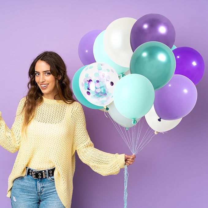 RUBFAC Purple Party Balloons, Purple and Teal Balloons, 65pcs Metallic Purple Green Blue Confetti Latex Balloons for Magic Birthday Party Decorations