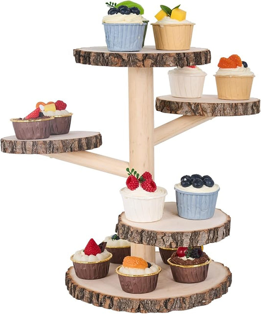 GENMOUS Wooden Farmhouse Style Cake Stand, 5-Tired Wedding Cake Stand Wood & Display Serving Tray Platter, for Appetizers Desserts Charcuterie Board