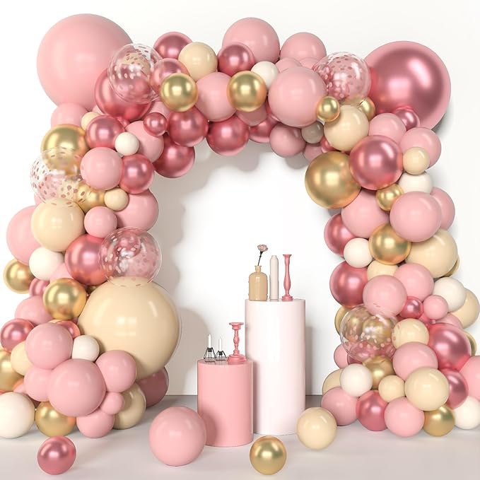 Amandir 153Pcs Boho Blush Balloon Arch Garland Kit, Different Sizes 18 12 10 5inch Nude Cream Peach Dusty Rose Pink Gold Confetti Balloon for Mothers Day Baby Shower Birthday Party Wedding Decorations