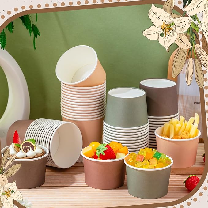 Jingmore Paper Ice Cream Cups 9oz Colored Disposable Dessert Bowls for Hot or Cold Party Food Cups for Birthday Baby Shower Easter Party Supplies(Woodland Color,60 Pcs)