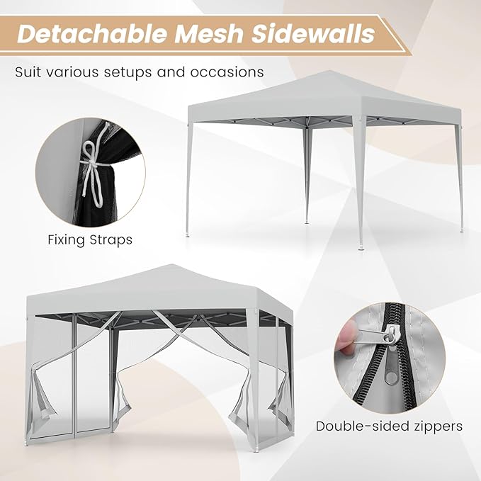 Tangkula 10x10 Ft Pop Up Canopy with Netting, Easy Up Outdoor Tent with Mesh Sidewalls, Carrying Bag, Adjustable Height, Portable Canopy Tent for Parties Events Camping Travel