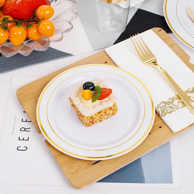 350 Pieces White and Gold Plastic Plates - 50 Guest Dinnerware Set Include 100 Plates, 50 Gold Plastic Silverware, 50 Paper Napkins and 50 Cups for Wedding/Baby Shower/Spring/Birthday/Mother's Day