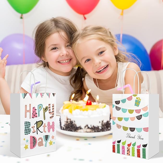 20Pcs Birthday Gift Bags with Handles, 8.2" x 5.8"x3.15" Happy Birthday Paper Favor Bags, Colorful Candle Balloon Cake Print Birthday Goodie Bags, Party Treat Candy Bags for Boys Girls Birthday Party Supplies
