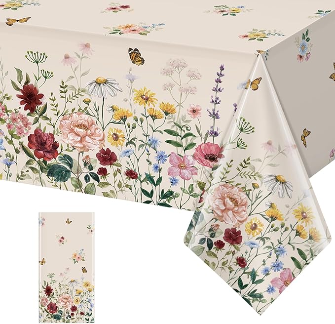 1 Pcs Spring Floral Tablecloth, Butterfly Wildflower Plastic Disposable Tablecloth Rectangle Table Covers for Easter, Birthday, Wedding, Mothers Day Tea Party Supplies and Decorations,54 x 108 Inch