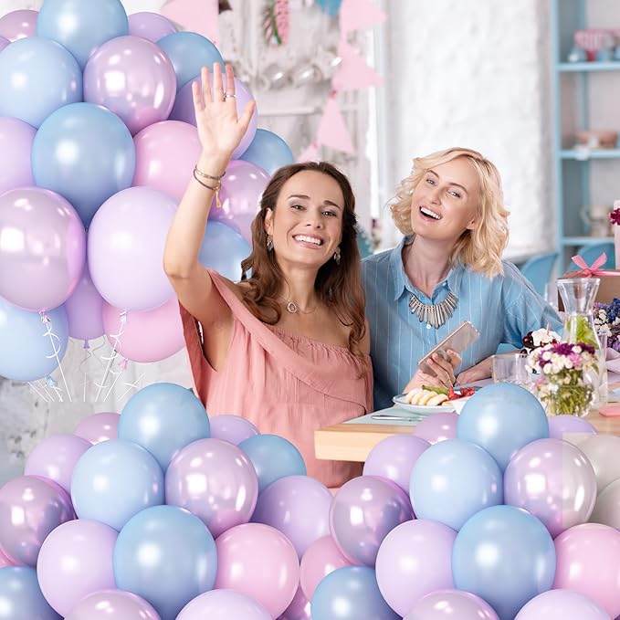 HILAVO Pink Purple Blue Balloon 60Pcs 12 Inch Metallic Pastel Balloon Iridescent Pearl Pink Blue Purple Party Balloons for Girls Mermaid Snowflake Princess Birthday Baby Shower Party Decoration