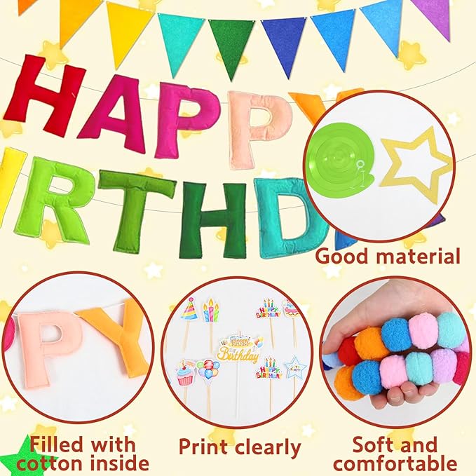 43PCS Pre-Strung 3D Felt Happy Birthday Banner Decorations, Rainbow Happy Birthday Banner Felt Pom Pom Garland Triangle Fabric Banner for Handmade Felt Reusable Birthday Banner Decorations Supplies