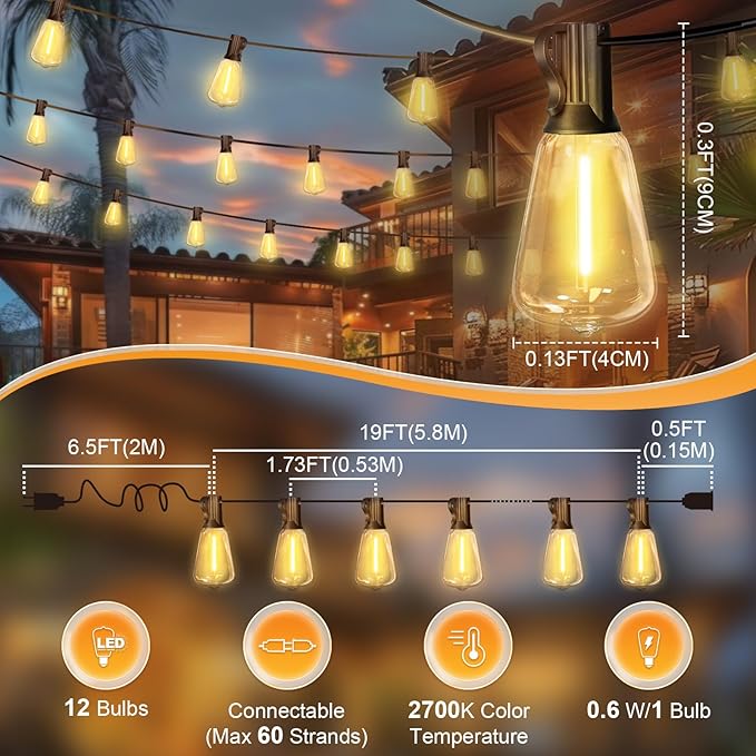 LAMPHOME Outdoor String Lights Waterproof, 26FT Connectable Patio Lights with 12+1 Shatterproof ST38 LED Edison Bulbs, Hanging Lights for Backyard Garden Porch Deck Christmas Party Cafe Decor