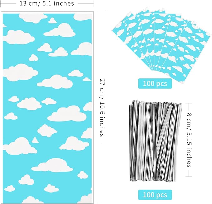 Lecferrarc 100 Pcs Blue Sky White Clouds Treat Bags White Clouds Print Cellophane Candy Bags Cartoon Story Party Favors with Twist Ties for Birthday Party Baby Shower Supplies