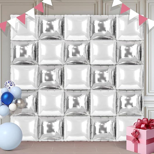 Silver and White Square Foil Balloons 25 Pcs Metallic Silver and White Balloons Wall Backdrop for New Year Graduation Birthday Bridal Shower Party Arch Backdrop Decorations