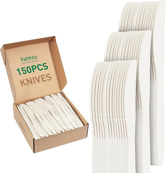 100% Compostable Knives, 7.7" Large Disposable Cornstarch Cutlery Heavy Duty Eco-Friendly Utensils Durable and BPI-Certified Party Supplies No Plastic-150pcs Knives