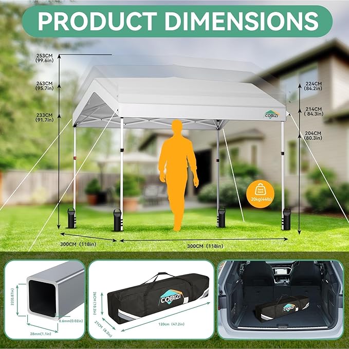 COBIZI 10x10 Pop Up Canopy with One Button Push Center Lock,Ez Up Portable Carport Without sidewall,Waterproof UV50+ Outdoor Party Commercial Carport Canopy with Carry Bag(10 x 10 ft White)