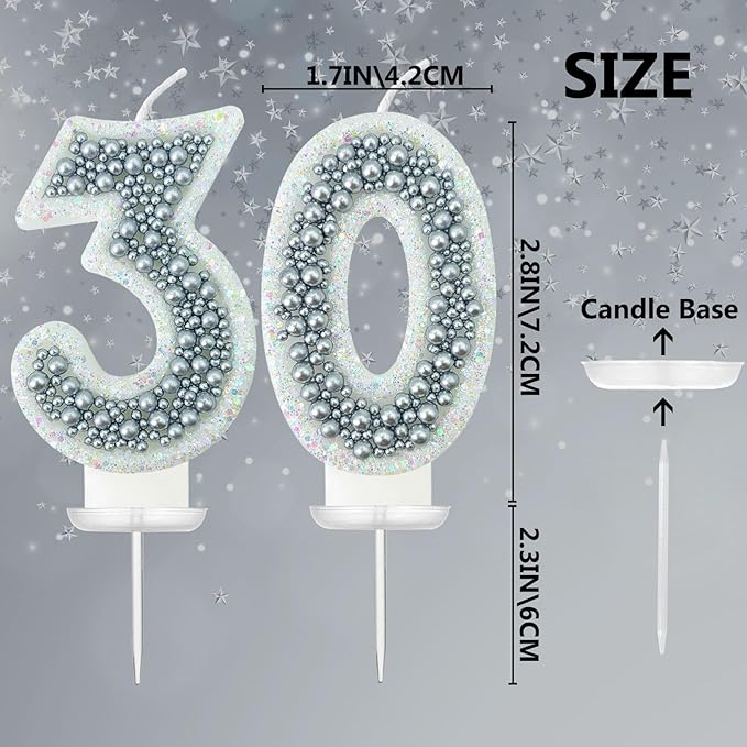 30 Birthday Number Candle for Cake, Glitter Number Candle with Silver Beads, Decorative Cake Topper for Milestone Celebrations