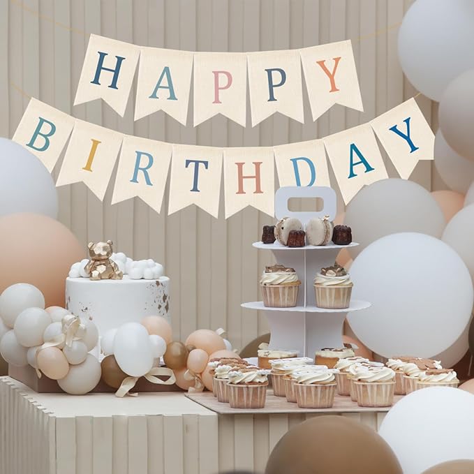 Doumeny Happy Birthday Burlap Banner Boho Birthday Bunting Garland Blue Pink Bohemian Party Sign Flag Colorful Happy Birthday Bunting Banner Rustic Birthdays Garland Flag for Wall Home Porch Door