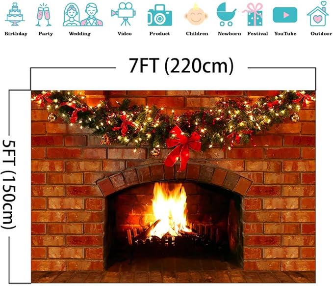 Mocsicka Christmas Fireplace Photography Backdrop Red Brick Fireplace Background for Xmas Eve Home Decor Xmas Family Party Selfie Photo Props (7x5ft)