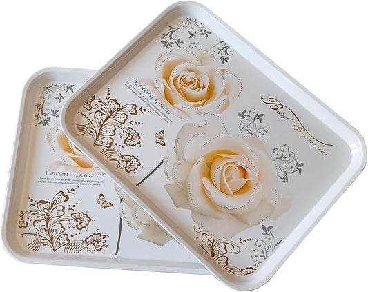 Large Serving Platter Melamine Trays 2 Pack Stackable Food Tray with Floral Print for Gift, Party, Decor, Home, Restaurant (Gold Rose, Medium)