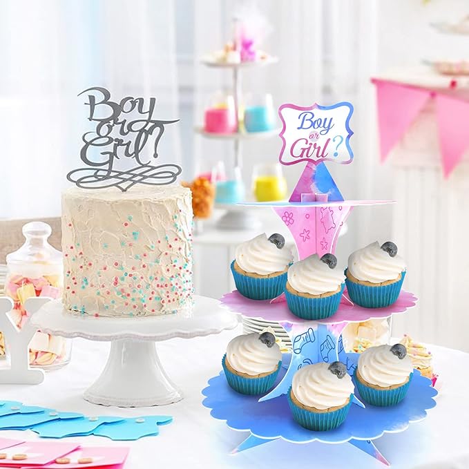 Gender Reveal Cupcake Stand Gender Reveal Party Favors Blue and Pink 3 Tier Cardboard Cake Stand for Party Decorations