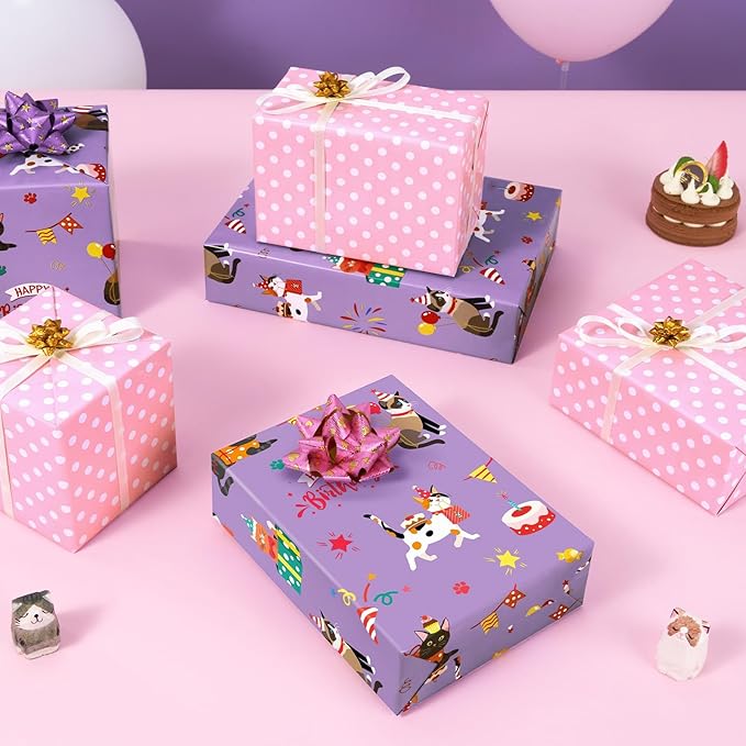 WERNNSAI Cat Birthday Wrapping Paper Roll - 1 Roll 17”x 66 ft Reversible Cat Gift Wrap Pink Purple Wrapping Paper for Girls Kids Birthday Party Gift Wrap with Polka Dot Design