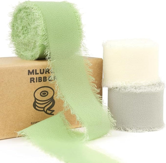 Sage Green Chiffon Ribbon 1 Inch x 21Yds Handmade Fringe Chiffon Silk Ribbon Sage Green/Desert Sage/Cream Frayed Chiffon Ribbon for Wedding Invitation Flower Bouquets Bridal Shower Gift Wrapping