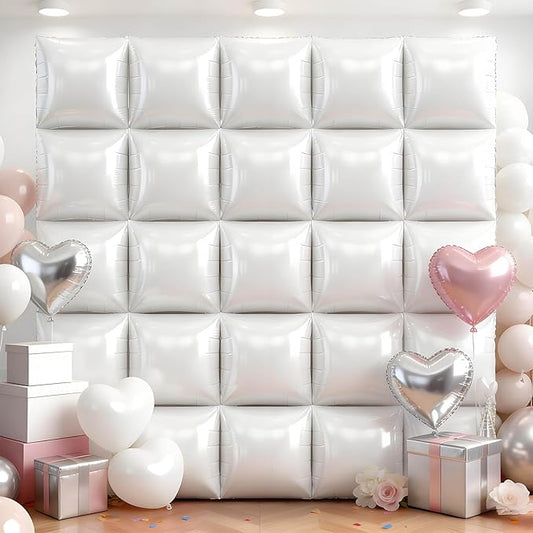 36Pcs White Square Foil Balloons Wall Backdrop, Double Sided Metallic Foil Balloons Tunnel Arch Garland Kit for Photo Booth Birthday Wedding Halloween Christmas Party Decorations