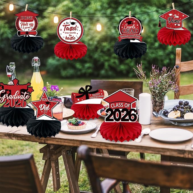 8PCS Graduation Decorations 2026, Class of 2026 Congrats Grad Table Centerpieces Congratulate Graduation Honeycomb Table Toppers for Graduation Party Supplies (Red Black)