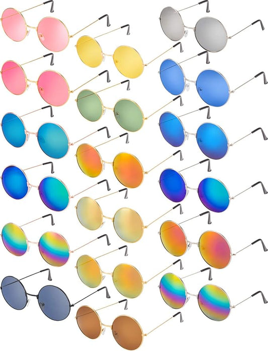Blulu 18 Pairs Hippie Round Sunglasses for Women Men Bulk Retro Circle Hippie Glasses Metal Frame for Disco Party Accessory