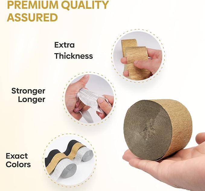 6 Black and Gold Streamers with Silver, 492ft Pack of Crepe Paper Streamers for Party Decorations, Birthday Streamers (1.8 inch x 82 ft/Roll)