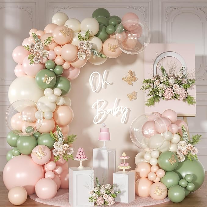 Pink and Sage Green Balloon Arch Kit 131 Pcs Dusty Pink Green Balloons Different Size for Wedding Birthday Baby Shower Gender Reveal Decorations